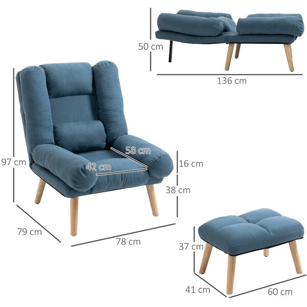HOMCOM Occasional Recliner with Ottoman, 3-Position Adjustable Linen Fabric Reclining Lounger with Footstool, Cat Scratch Anti, Blue Aosom UK