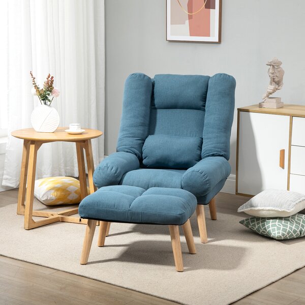 HOMCOM Occasional Recliner with Ottoman, 3-Position Adjustable Linen Fabric Reclining Lounger with Footstool, Cat Scratch Anti, Blue Aosom UK