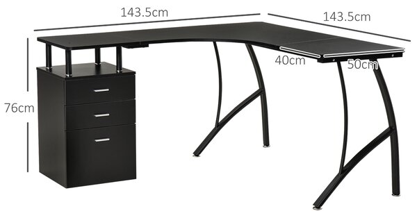 HOMCOM L-Shaped Computer Desk Table with Storage Drawer Home Office Corner Industrial Style Workstation, Black