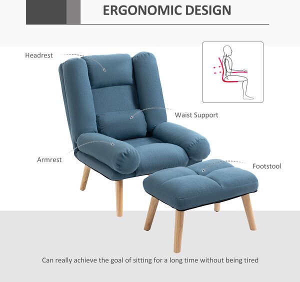 HOMCOM Occasional Recliner with Ottoman, 3-Position Adjustable Linen Fabric Reclining Lounger with Footstool, Cat Scratch Anti, Blue Aosom UK