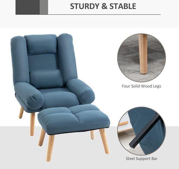 HOMCOM Occasional Recliner with Ottoman, 3-Position Adjustable Linen Fabric Reclining Lounger with Footstool, Cat Scratch Anti, Blue Aosom UK