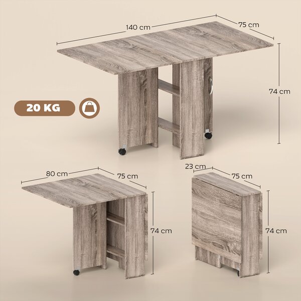 HOMCOM Folding Kitchen Table with 2-tier Shelves, Rolling Casters, Drop Leaf Dining Table for Small Spaces, Grey Aosom UK