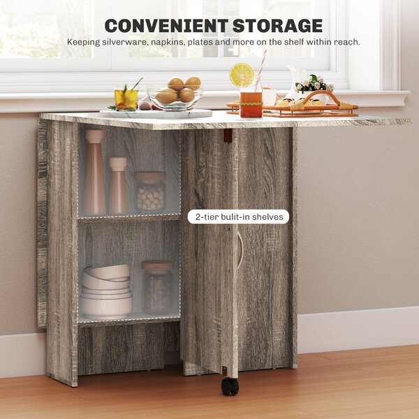 HOMCOM Folding Kitchen Table with 2-tier Shelves, Rolling Casters, Drop Leaf Dining Table for Small Spaces, Grey Aosom UK