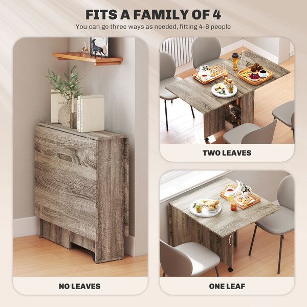 HOMCOM Folding Kitchen Table with 2-tier Shelves, Rolling Casters, Drop Leaf Dining Table for Small Spaces, Grey Aosom UK