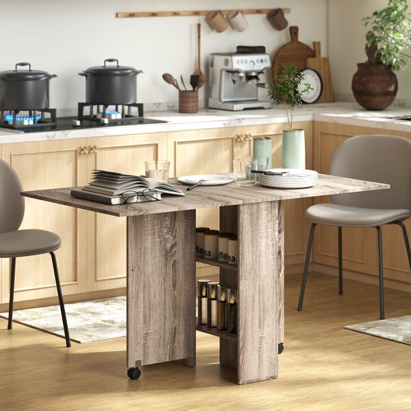 HOMCOM Folding Kitchen Table with 2-tier Shelves, Rolling Casters, Drop Leaf Dining Table for Small Spaces, Grey Aosom UK