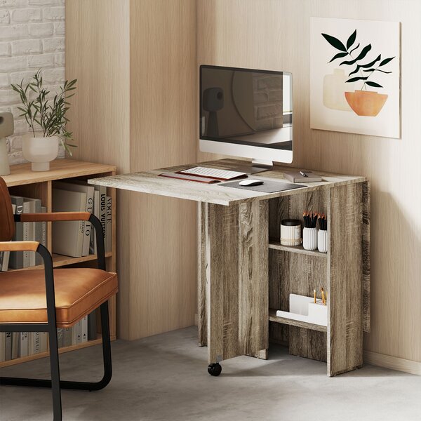 HOMCOM Folding Kitchen Table with 2-tier Shelves, Rolling Casters, Drop Leaf Dining Table for Small Spaces, Grey Aosom UK