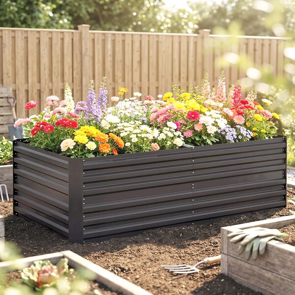 Outsunny Galvanised Steel Raised Bed, Rectangular Garden Boxes for Outdoor Garden, Dark Grey, 180 x 90 x 59 cm Aosom UK