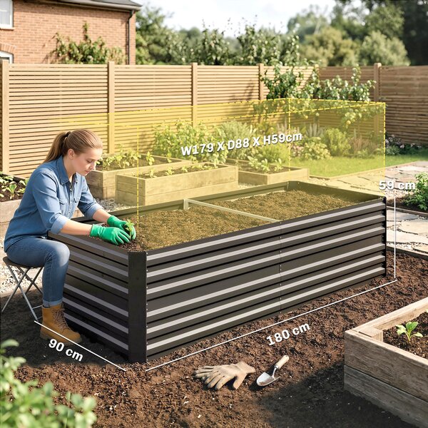 Outsunny Galvanised Steel Raised Bed, Rectangular Garden Boxes for Outdoor Garden, Dark Grey, 180 x 90 x 59 cm Aosom UK