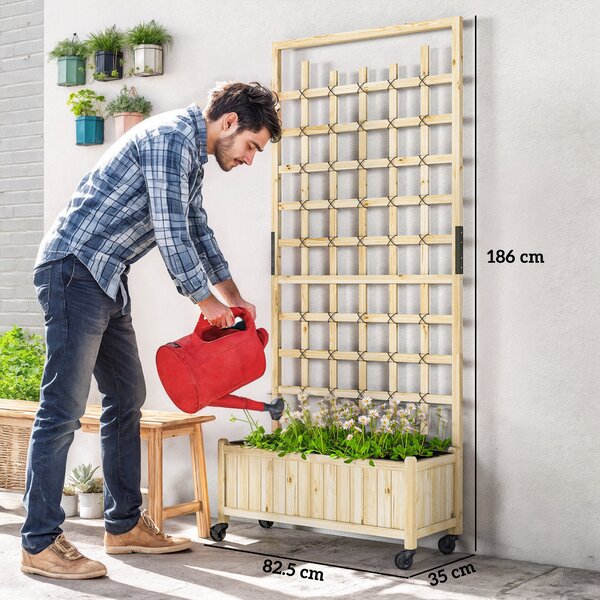 Outsunny Raised Planter with Trellis & Wheels, Outdoor Garden Bed for Vegetables & Flowers, with Liner & Climbing Frame, 82.5L x 35W x 186Hcm Aosom UK