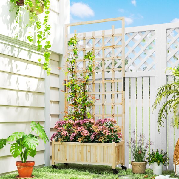 Outsunny Raised Planter with Trellis & Wheels, Outdoor Garden Bed for Vegetables & Flowers, with Liner & Climbing Frame, 82.5L x 35W x 186Hcm Aosom UK