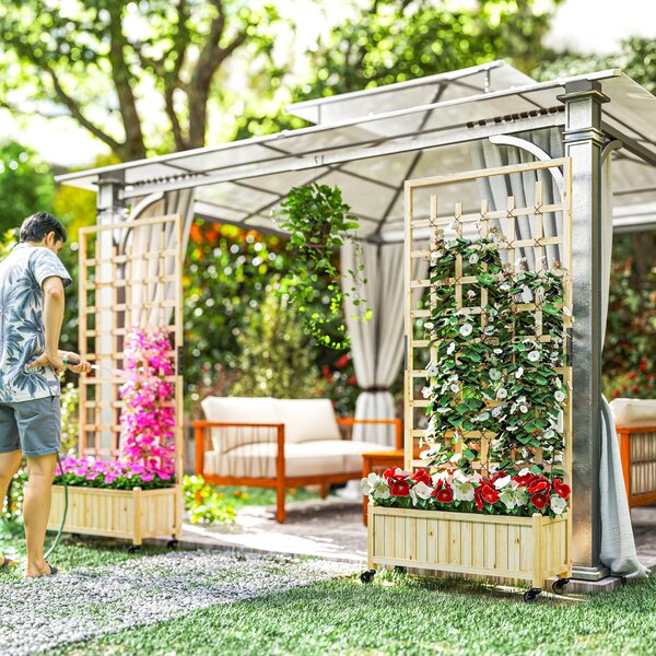Outsunny Raised Planter with Trellis & Wheels, Outdoor Garden Bed for Vegetables & Flowers, with Liner & Climbing Frame, 82.5L x 35W x 186Hcm Aosom UK