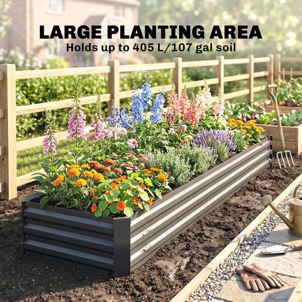 Outsunny Galvanised Raised Bed for Garden, Rectangular Outdoor Elevated Planter Box with Safety Edging and Open Bottom, 240 x 60cm, Grey