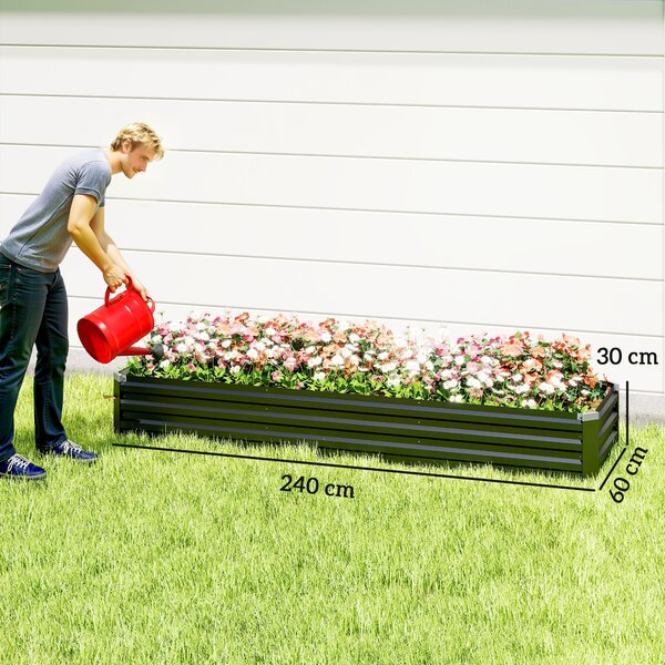 Outsunny Galvanised Raised Bed for Garden, Rectangular Outdoor Elevated Planter Box with Safety Edging and Open Bottom, 240 x 60cm, Grey