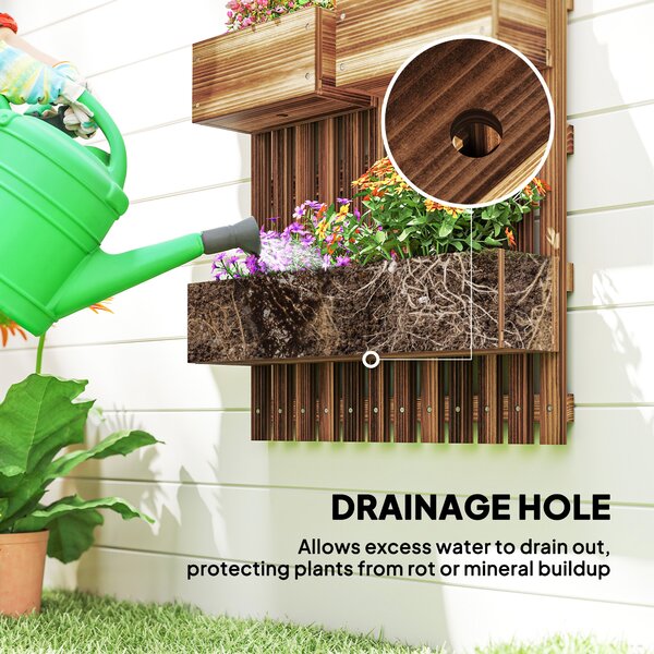 Outsunny Set of 2 Wall-mounted Wooden Garden Planters with Trellis, Drainage Holes and Movable Planter Boxes for Patio, Carbonised