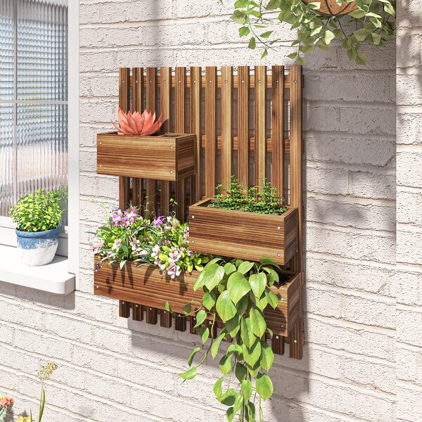 Outsunny Set of 2 Wall-mounted Wooden Garden Planters with Trellis, Drainage Holes and Movable Planter Boxes for Patio, Carbonised