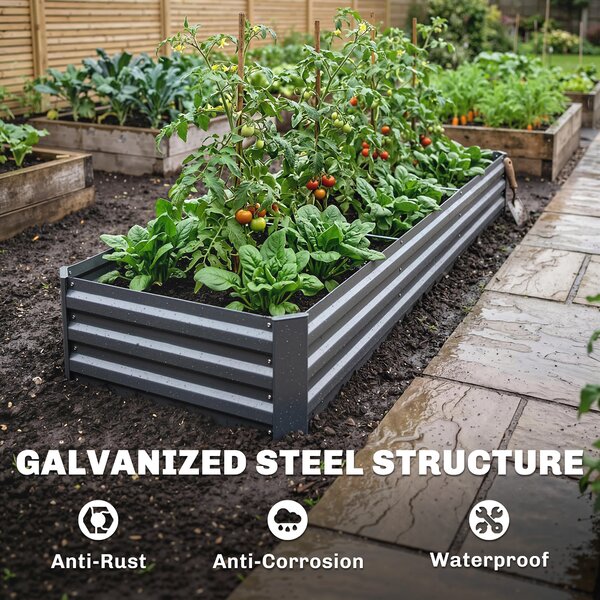 Outsunny Galvanised Raised Bed for Garden, Rectangular Outdoor Elevated Planter Box with Safety Edging and Open Bottom, 240 x 60cm, Grey