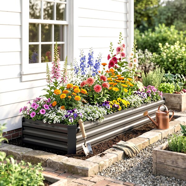 Outsunny Galvanised Raised Bed for Garden, Rectangular Outdoor Elevated Planter Box with Safety Edging and Open Bottom, 240 x 60cm, Grey