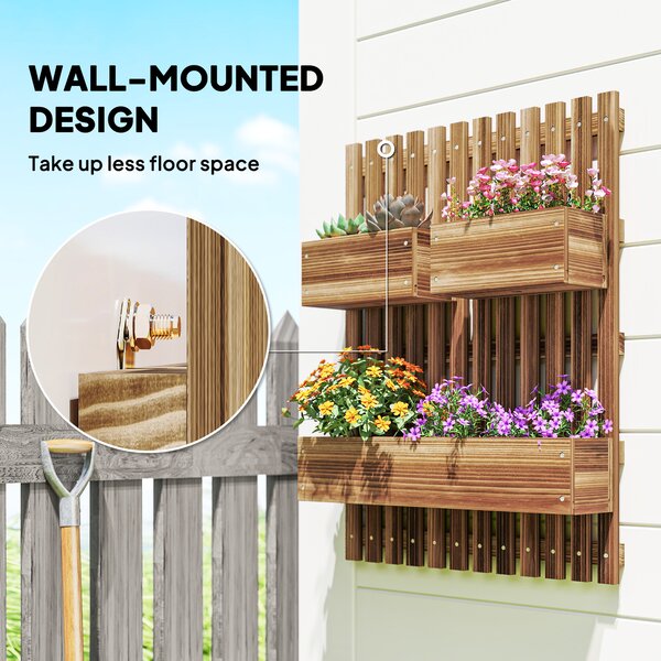 Outsunny Set of 2 Wall-mounted Wooden Garden Planters with Trellis, Drainage Holes and Movable Planter Boxes for Patio, Carbonised