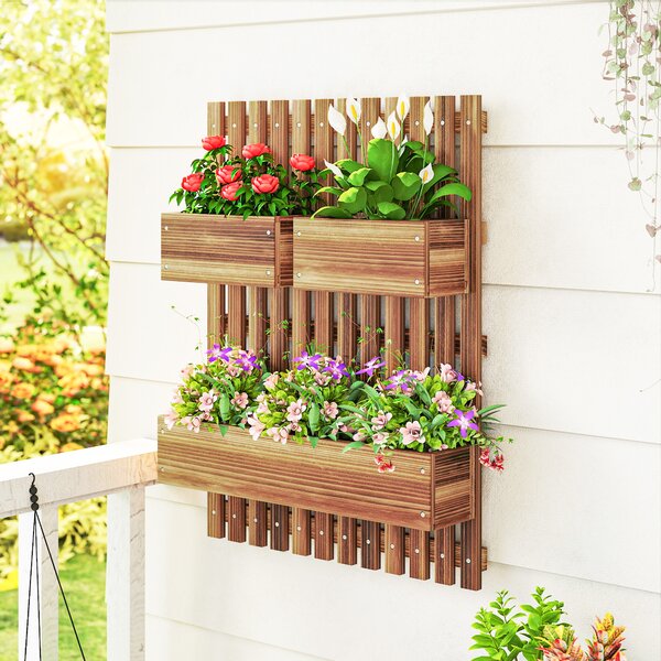 Outsunny Set of 2 Wall-mounted Wooden Garden Planters with Trellis, Drainage Holes and Movable Planter Boxes for Patio, Carbonised