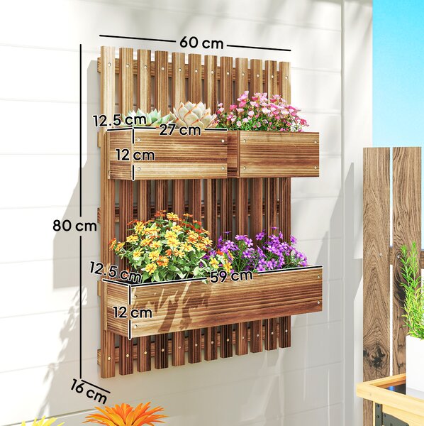 Outsunny Set of 2 Wall-mounted Wooden Garden Planters with Trellis, Drainage Holes and Movable Planter Boxes for Patio, Carbonised