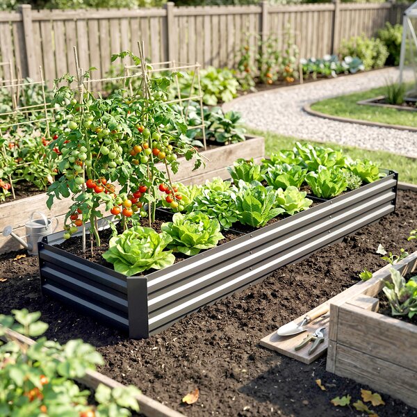 Outsunny Galvanised Raised Bed for Garden, Rectangular Outdoor Elevated Planter Box with Safety Edging and Open Bottom, 240 x 60cm, Grey