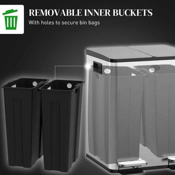 HOMCOM 2 x 20L Pedal Bin, Steel Dual Kitchen Bin with Soft Close Lid, Removable Inner Buckets, Fingerprint-Proof, Silver Aosom UK