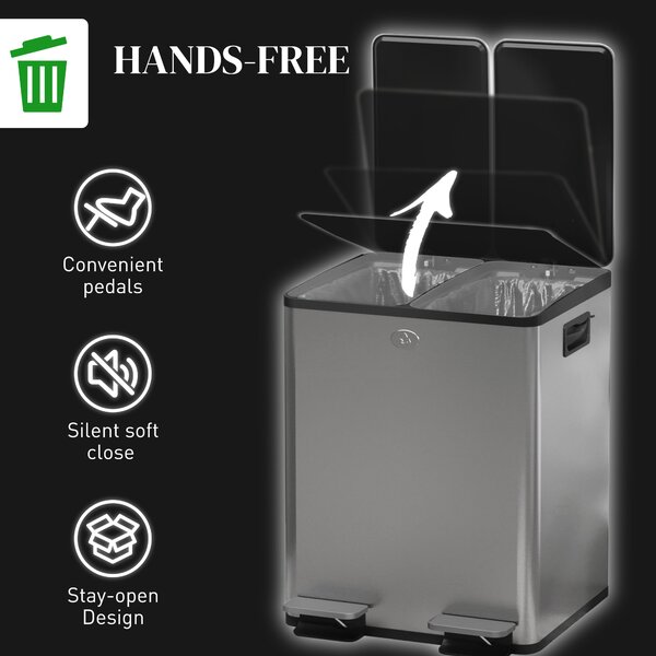 HOMCOM 2 x 20L Pedal Bin, Steel Dual Kitchen Bin with Soft Close Lid, Removable Inner Buckets, Fingerprint-Proof, Silver Aosom UK