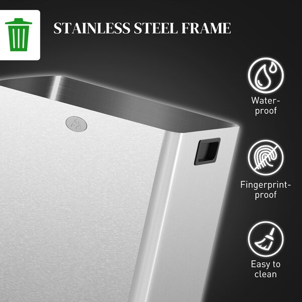 HOMCOM 2 x 20L Pedal Bin, Steel Dual Kitchen Bin with Soft Close Lid, Removable Inner Buckets, Fingerprint-Proof, Silver Aosom UK