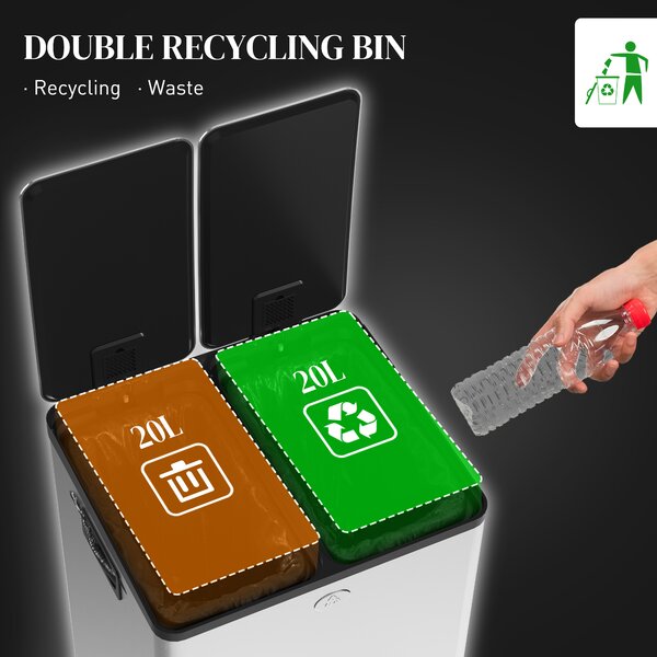 HOMCOM 2 x 20L Pedal Bin, Steel Dual Kitchen Bin with Soft Close Lid, Removable Inner Buckets, Fingerprint-Proof, Silver Aosom UK