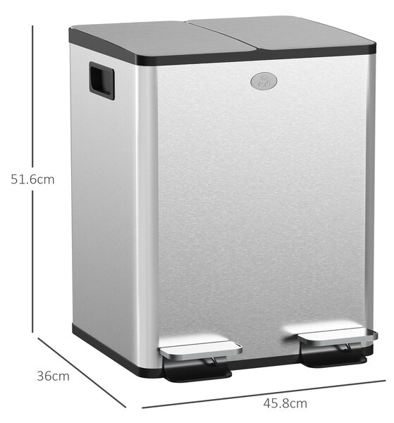 HOMCOM 2 x 20L Pedal Bin, Steel Dual Kitchen Bin with Soft Close Lid, Removable Inner Buckets, Fingerprint-Proof, Silver Aosom UK