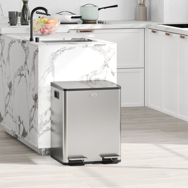 HOMCOM 2 x 20L Pedal Bin, Steel Dual Kitchen Bin with Soft Close Lid, Removable Inner Buckets, Fingerprint-Proof, Silver Aosom UK