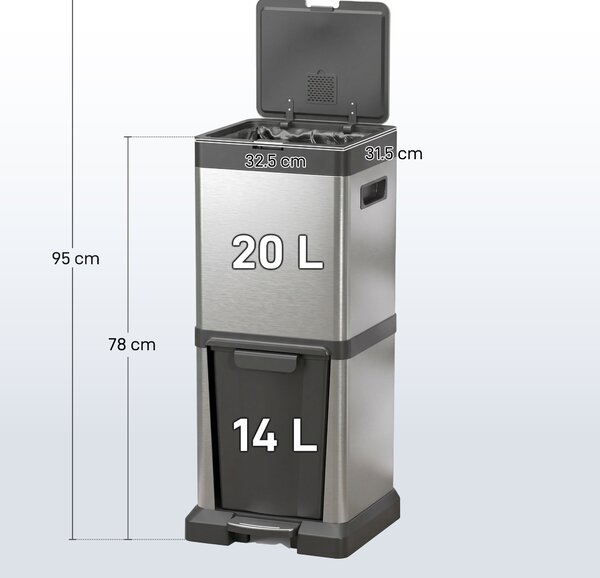 HOMCOM Dual Kitchen Bin, 20+14L Double Bin for Recycling and Waste, Stainless Steel Vertical Pedal Bin w/ Tilt Out Bin, Soft-Close Lid Aosom UK