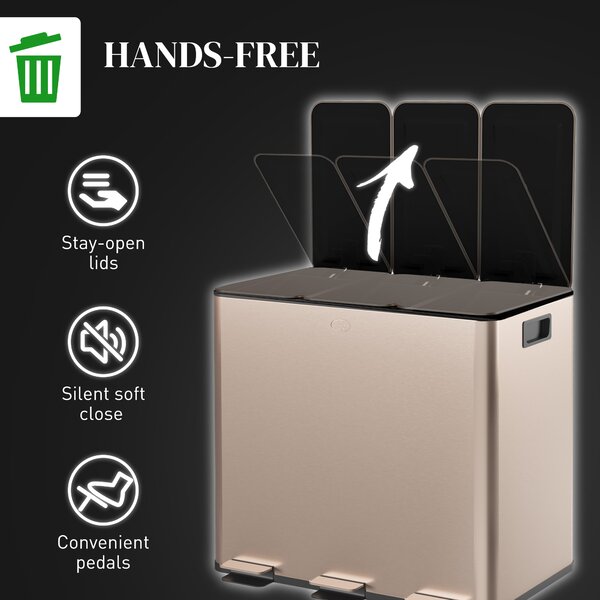 HOMCOM 3 x 15L Pedal Bin, Steel Triple Kitchen Bin with Soft Close Lid, Removable Inner Buckets, Fingerprint-Proof, Gold Tone Aosom UK