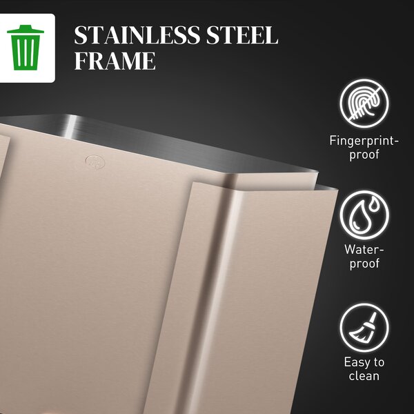 HOMCOM 3 x 15L Pedal Bin, Steel Triple Kitchen Bin with Soft Close Lid, Removable Inner Buckets, Fingerprint-Proof, Gold Tone Aosom UK