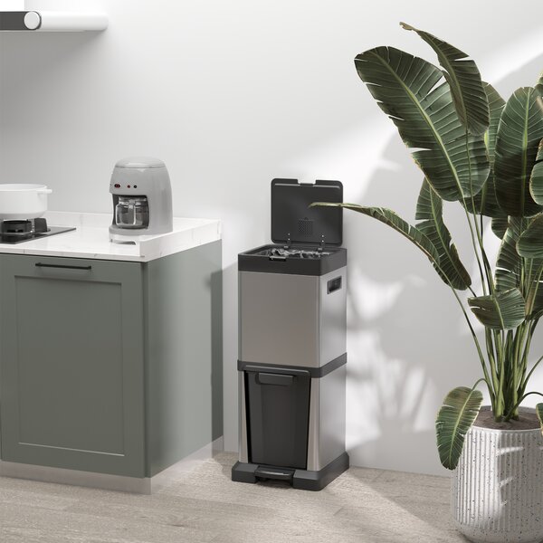 HOMCOM Dual Kitchen Bin, 20+14L Double Bin for Recycling and Waste, Stainless Steel Vertical Pedal Bin w/ Tilt Out Bin, Soft-Close Lid Aosom UK