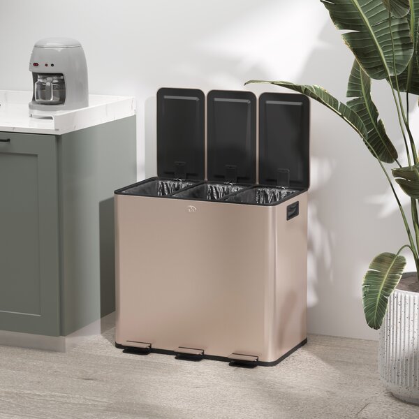 HOMCOM 3 x 15L Pedal Bin, Steel Triple Kitchen Bin with Soft Close Lid, Removable Inner Buckets, Fingerprint-Proof, Gold Tone Aosom UK
