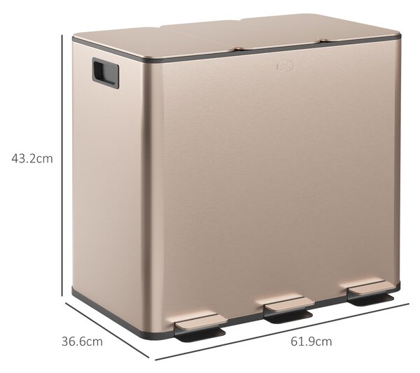 HOMCOM 3 x 15L Pedal Bin, Steel Triple Kitchen Bin with Soft Close Lid, Removable Inner Buckets, Fingerprint-Proof, Gold Tone Aosom UK