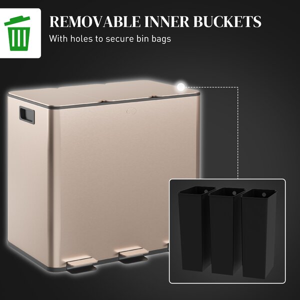 HOMCOM 3 x 15L Pedal Bin, Steel Triple Kitchen Bin with Soft Close Lid, Removable Inner Buckets, Fingerprint-Proof, Gold Tone Aosom UK