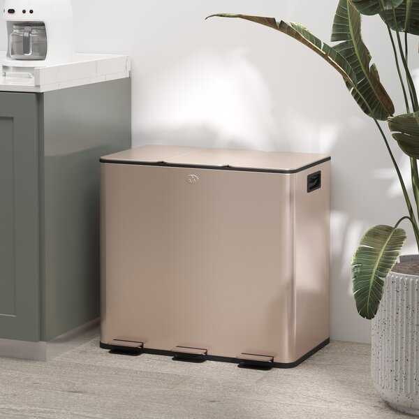 HOMCOM 3 x 15L Pedal Bin, Steel Triple Kitchen Bin with Soft Close Lid, Removable Inner Buckets, Fingerprint-Proof, Gold Tone Aosom UK