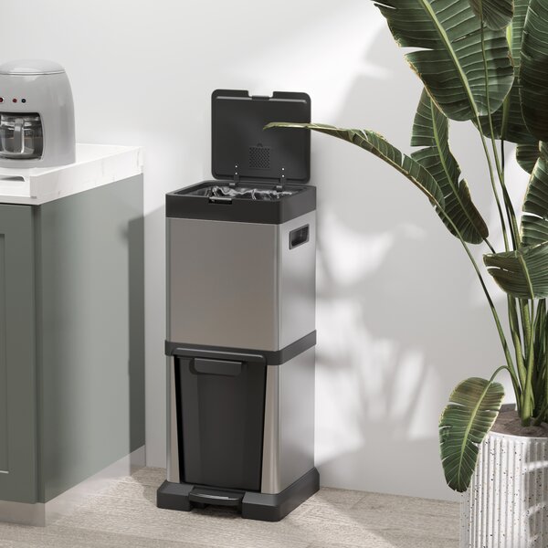 HOMCOM Dual Kitchen Bin, 20+14L Double Bin for Recycling and Waste, Stainless Steel Vertical Pedal Bin w/ Tilt Out Bin, Soft-Close Lid Aosom UK