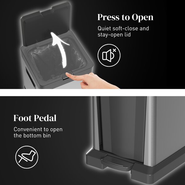HOMCOM Dual Kitchen Bin, 20+14L Double Bin for Recycling and Waste, Stainless Steel Vertical Pedal Bin w/ Tilt Out Bin, Soft-Close Lid Aosom UK