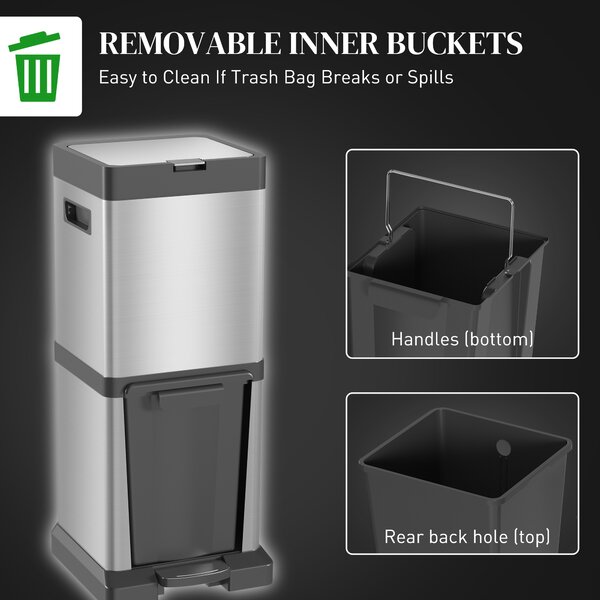 HOMCOM Dual Kitchen Bin, 20+14L Double Bin for Recycling and Waste, Stainless Steel Vertical Pedal Bin w/ Tilt Out Bin, Soft-Close Lid Aosom UK