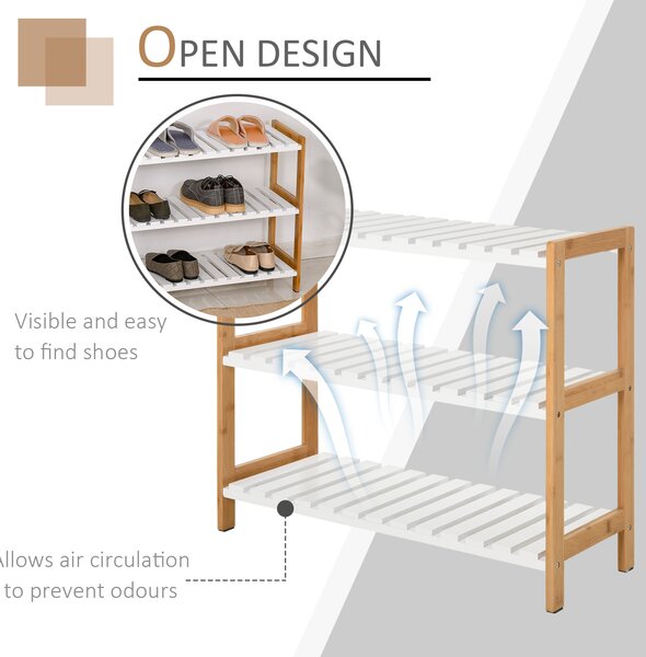 HOMCOM 3-Tier Shoe Rack Wood Frame Slatted Shelves Spacious Open Hygienic Storage Home Hallway Furniture Family Guests 70L x 26W x 57.5H cm - Natural
