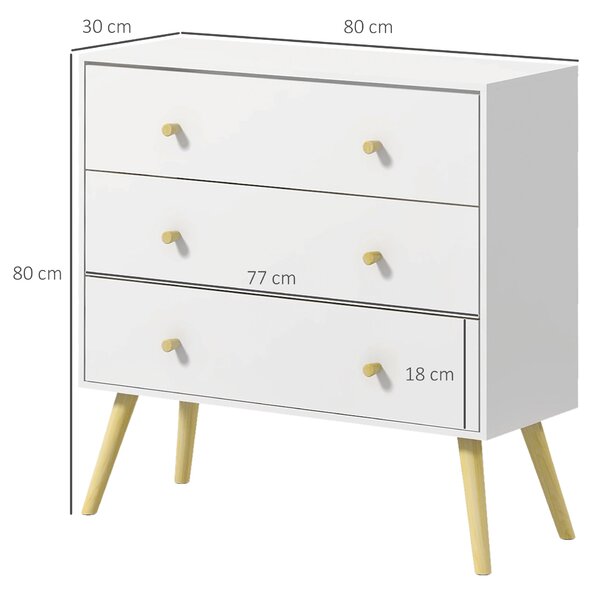 HOMCOM Chest of Drawers, 3-Drawer White Storage Organiser Unit with Wood Legs for Bedroom, Living Room