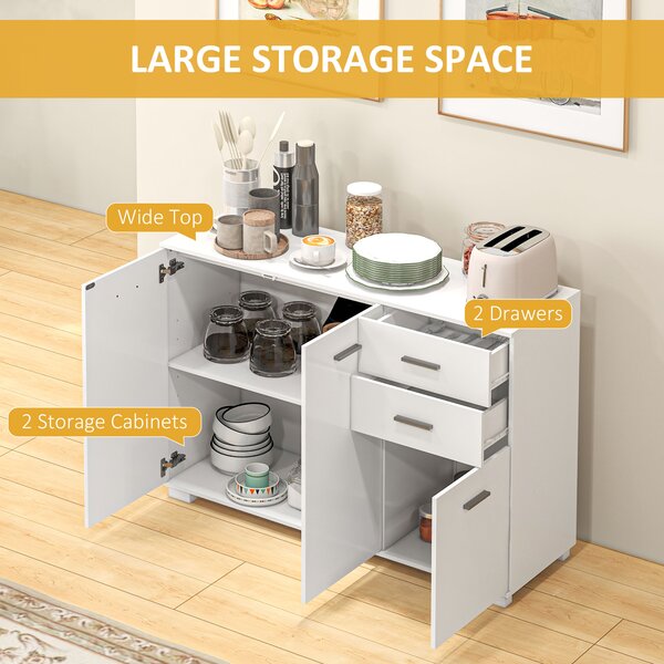 HOMCOM Modern Storage Cabinet, Sideboard with 2 Drawers, 3 Doors and Adjustable Shelves, Kitchen Cabinet for Living & Dining Room, White Aosom UK