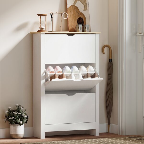 HOMCOM Slim Shoe Cabinet, Narrow Shoe Cupboard with 3 Flip Drawers, Adjustable Shelves for 18 Pairs of Shoes for Hallway, White