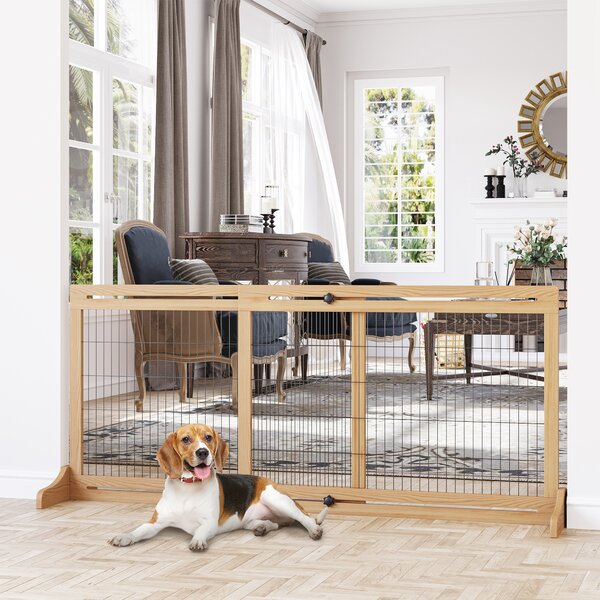 PawHut Adjustable Wooden Pet Gate, Freestanding Dog Barrier Fence with 2 Panels for Doorway, Hallway, 69H x 104-183 cm, Natural