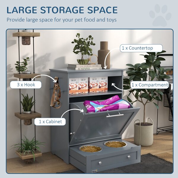 PawHut Pet Feeder Station with Raised Bowls, Dog Food Storage, Feeding and Watering Supplies Hanger, Grey