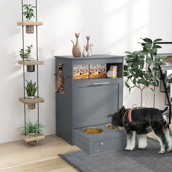 PawHut Pet Feeder Station with Raised Bowls, Dog Food Storage, Feeding and Watering Supplies Hanger, Grey