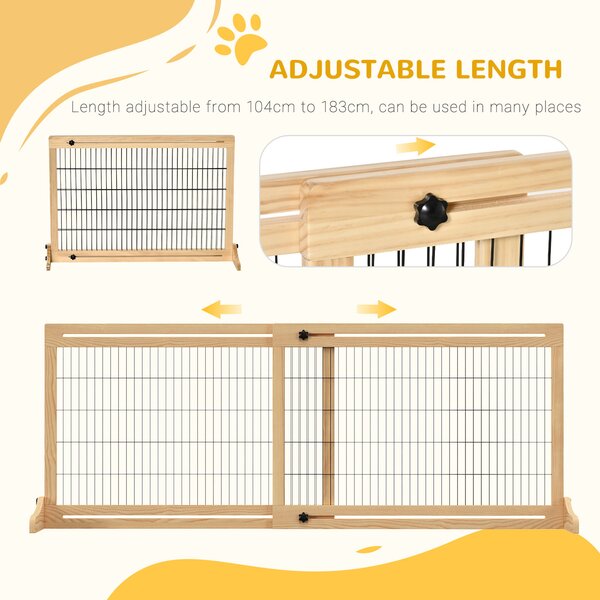PawHut Adjustable Wooden Pet Gate, Freestanding Dog Barrier Fence with 2 Panels for Doorway, Hallway, 69H x 104-183 cm, Natural